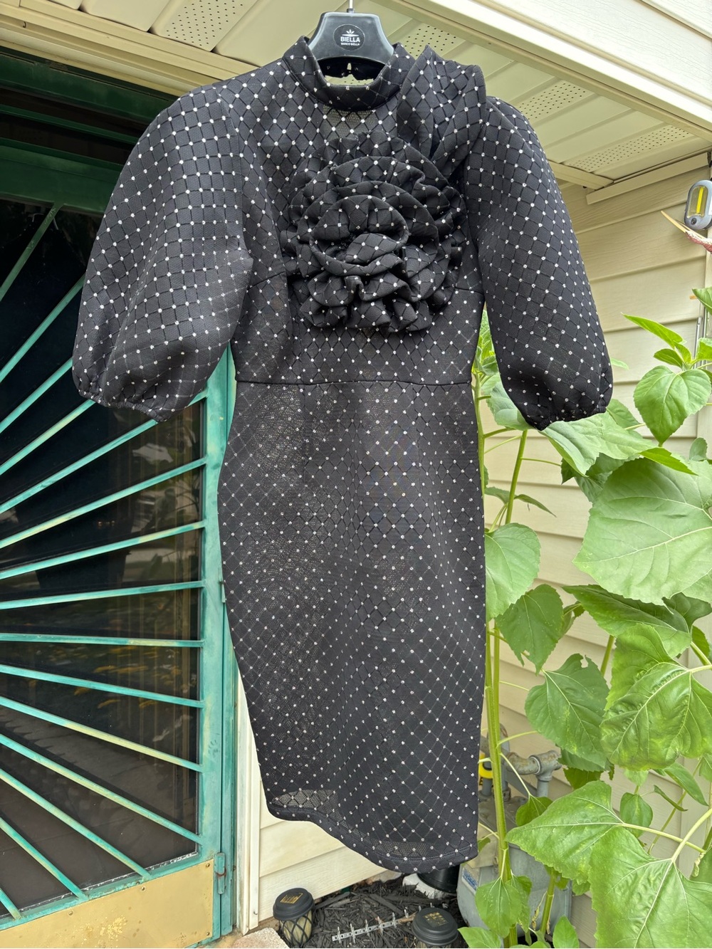CQbyCQ Elegant Black Midi Dress with Floral Applique